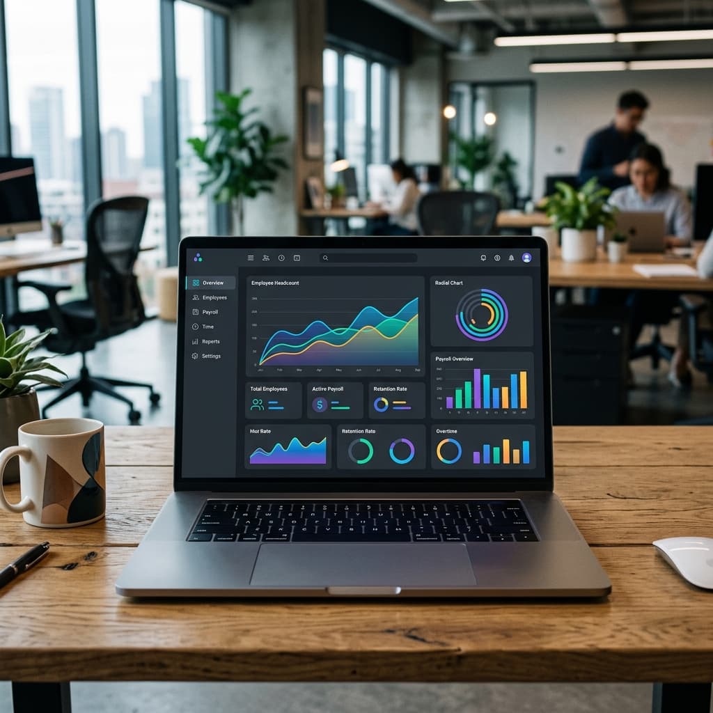 HR Payroll Dashboard Interface showing employee data and compliance metrics