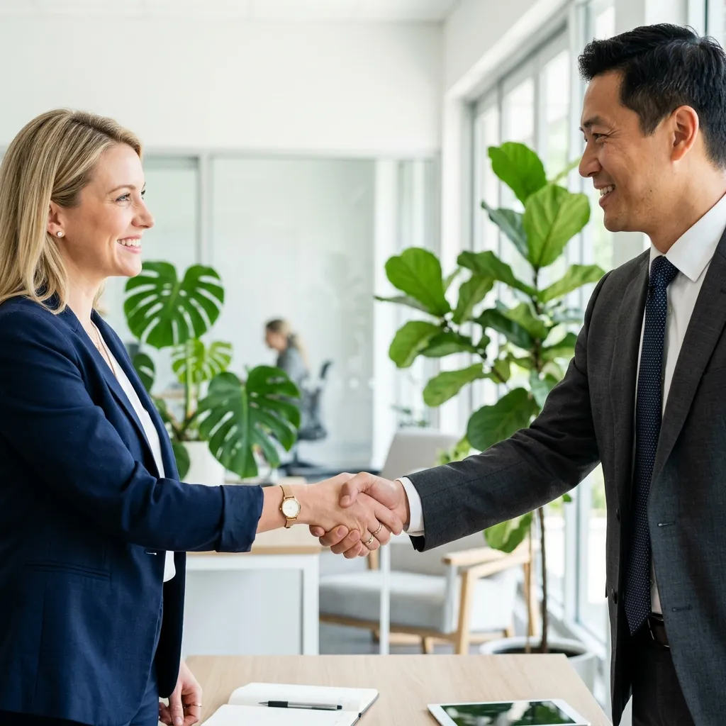 Professional consultant and client shaking hands in a modern office