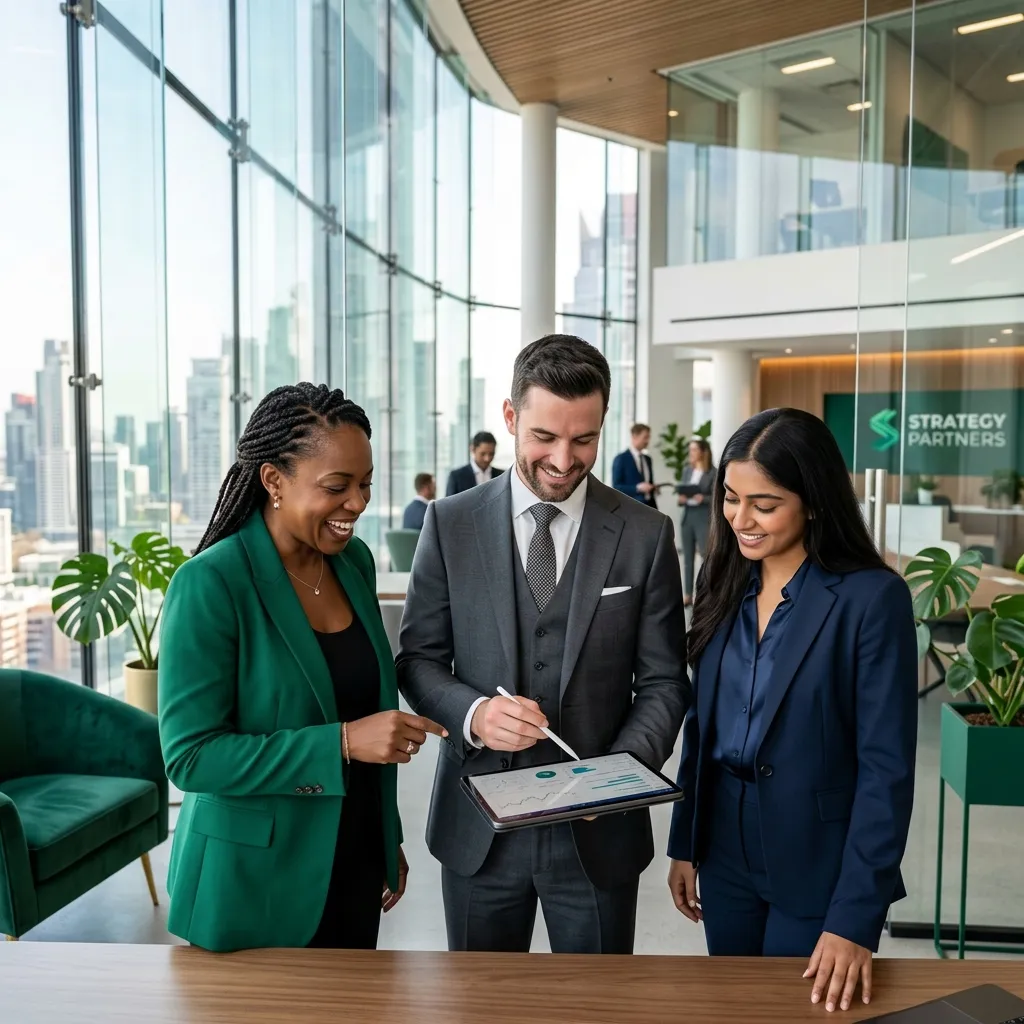 Professional team of corporate consultants collaborating in a modern office