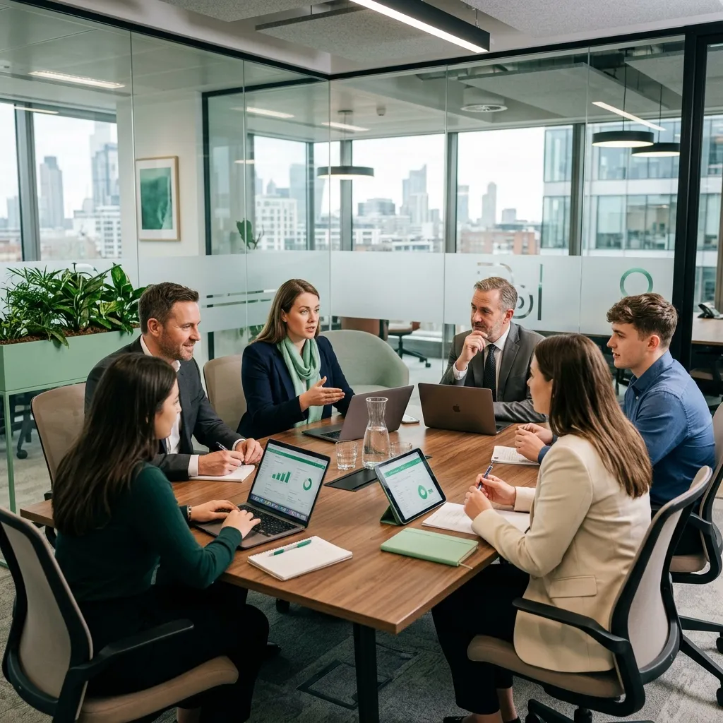 Professional support team collaborating in a modern office