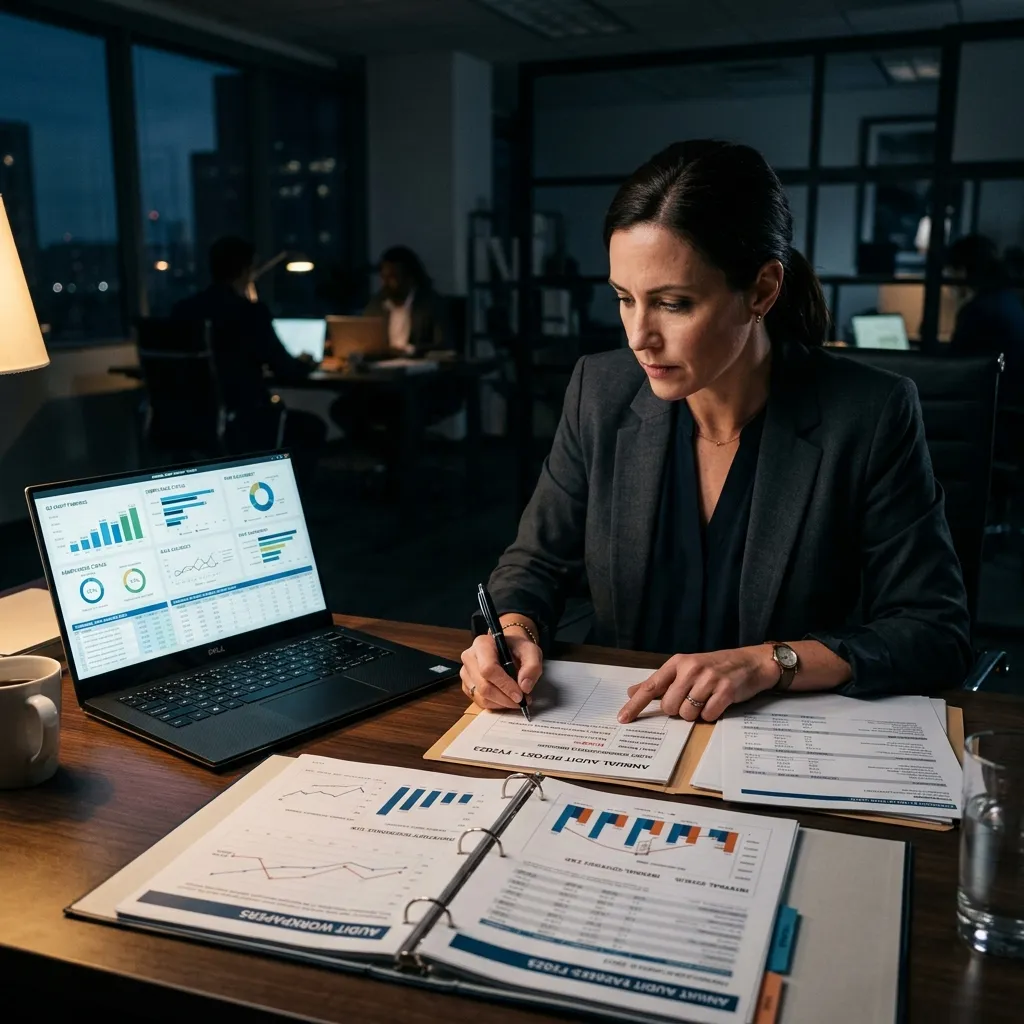 Professional analyst reviewing compliance audit data and financial reports